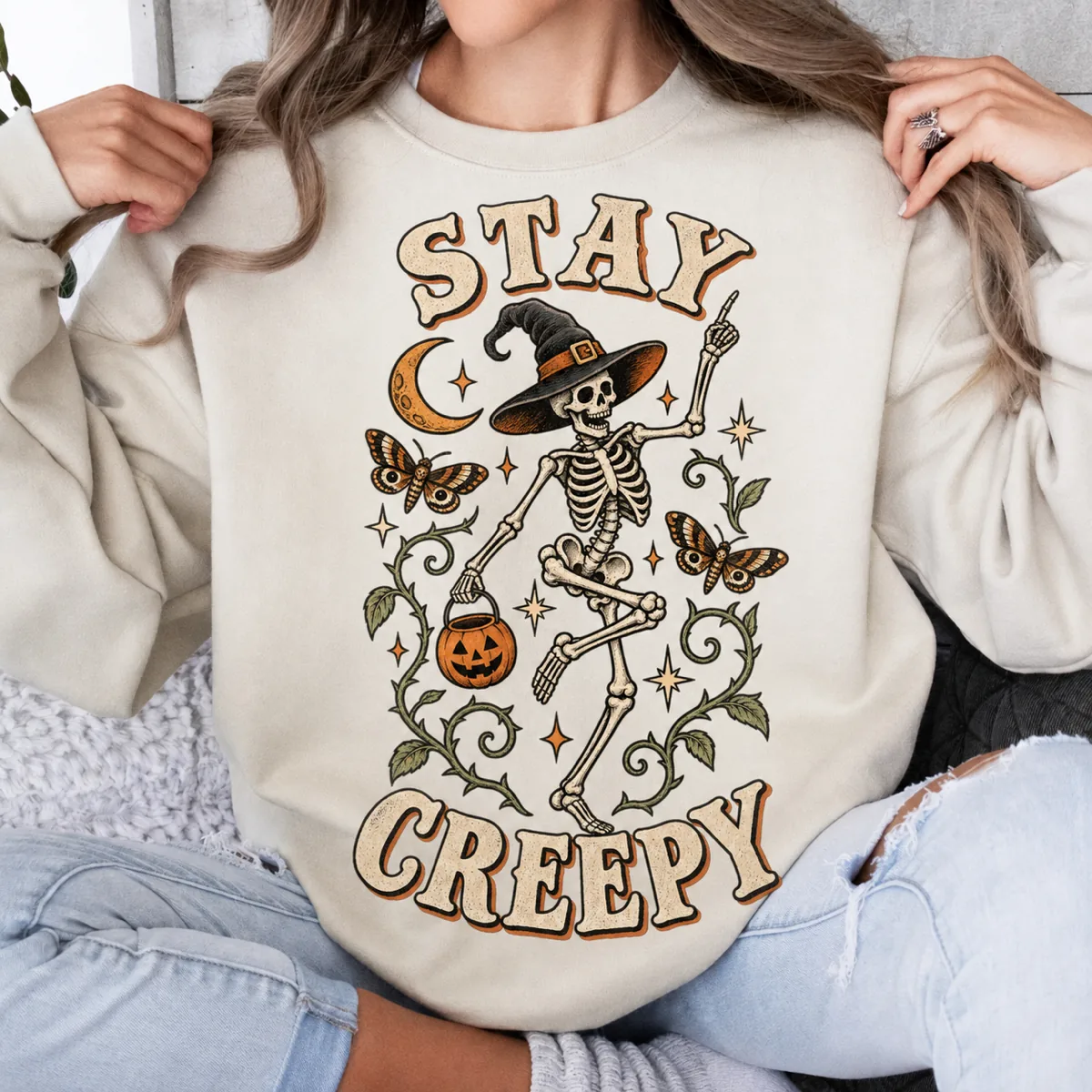 Stay Creepy Heavyweight Crewneck in Bone Crewneck