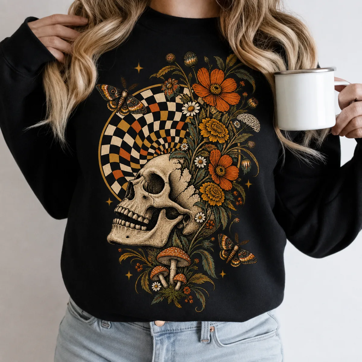 Checkered Skull & Wildflower Crewneck in Black Crewneck